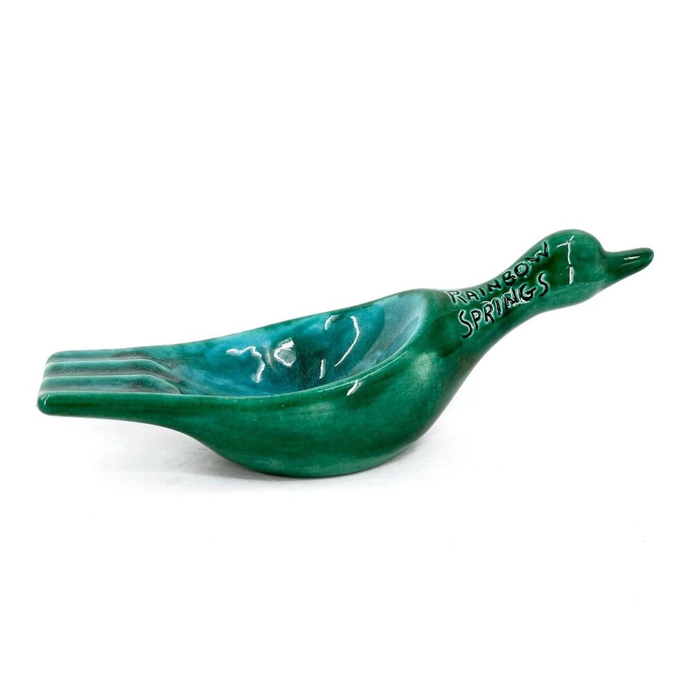 Vintage RAINBOW SPRINGS Souvenir Ceramic Duck Ashtray Mid Century Glazed Green